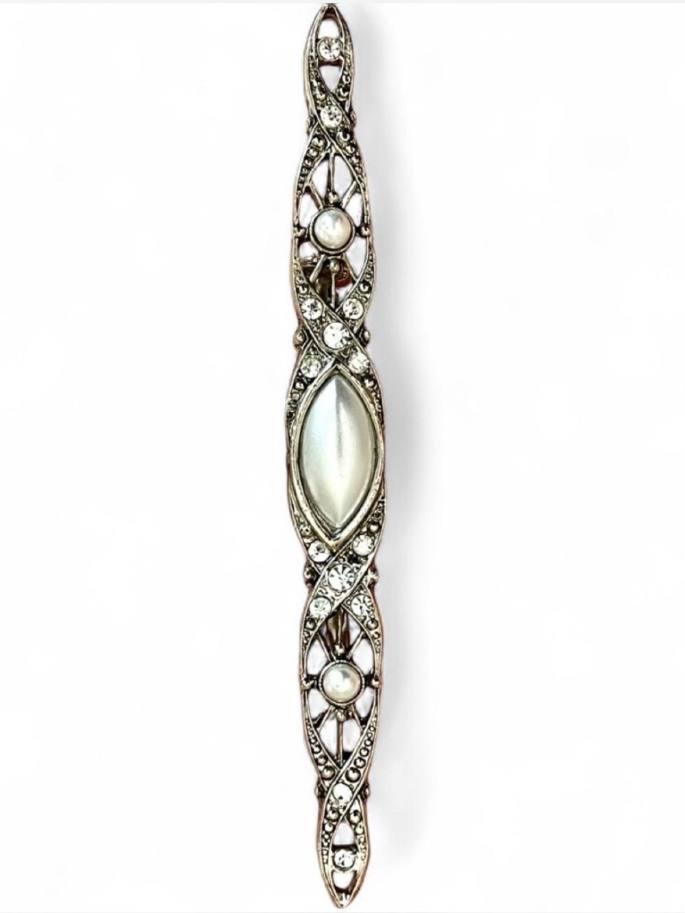 Vintage Art Deco Rhinestone Marquise Faux Pearl Bar Brooch Pin Gatsby Edwardian